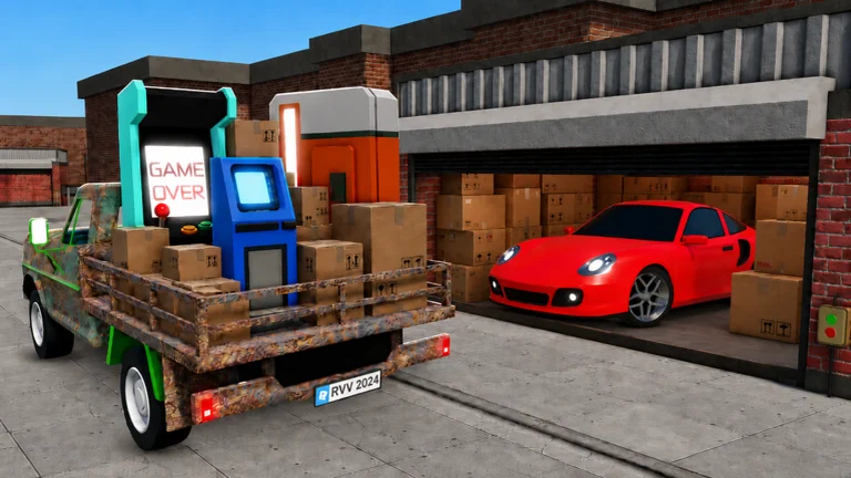 Official Storage Hunters artwork: a loaded pickup beside warehouse storage doors and arcade cabinets.
